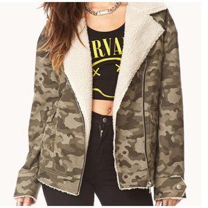 Forever 21 Camo Aviator Jacket with Sherpa Trim LG EUC